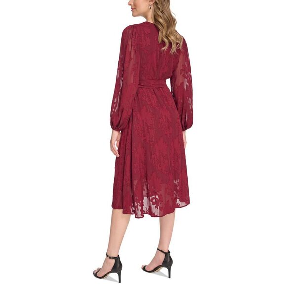 kensie Women's V-Neck Chiffon Fit & Flare Dress Burgundy Size 6 - Picture 2 of 3